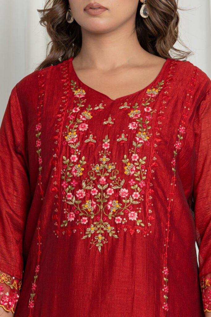 Women's Maroon Embroidered Kurta Sharara Set with Dupatta