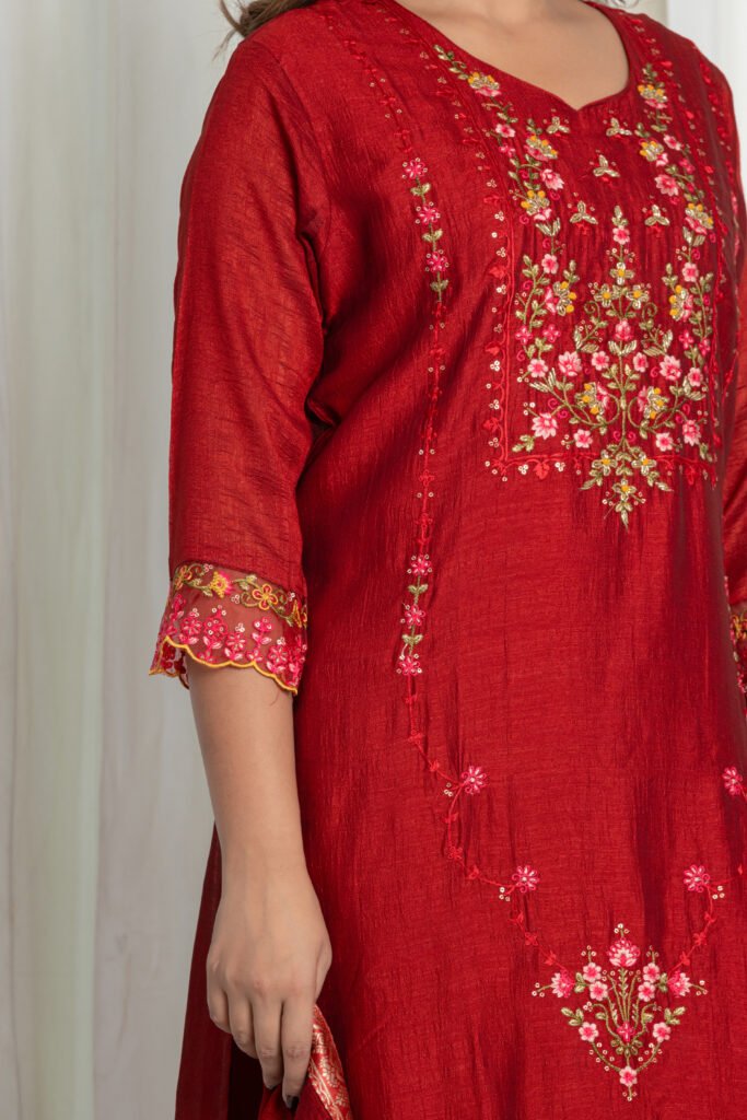 Women's Maroon Embroidered Kurta Sharara Set with Dupatta
