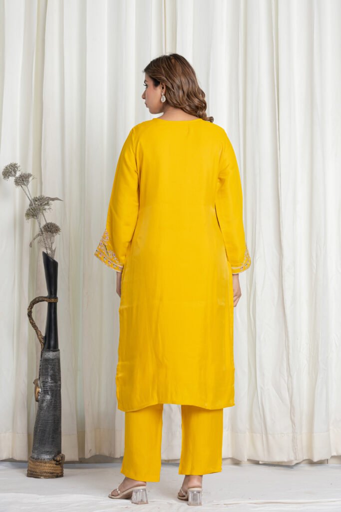 Women's Yellow Silk Kurta Set with Embroidered Pants & Banarasi Dupatta
