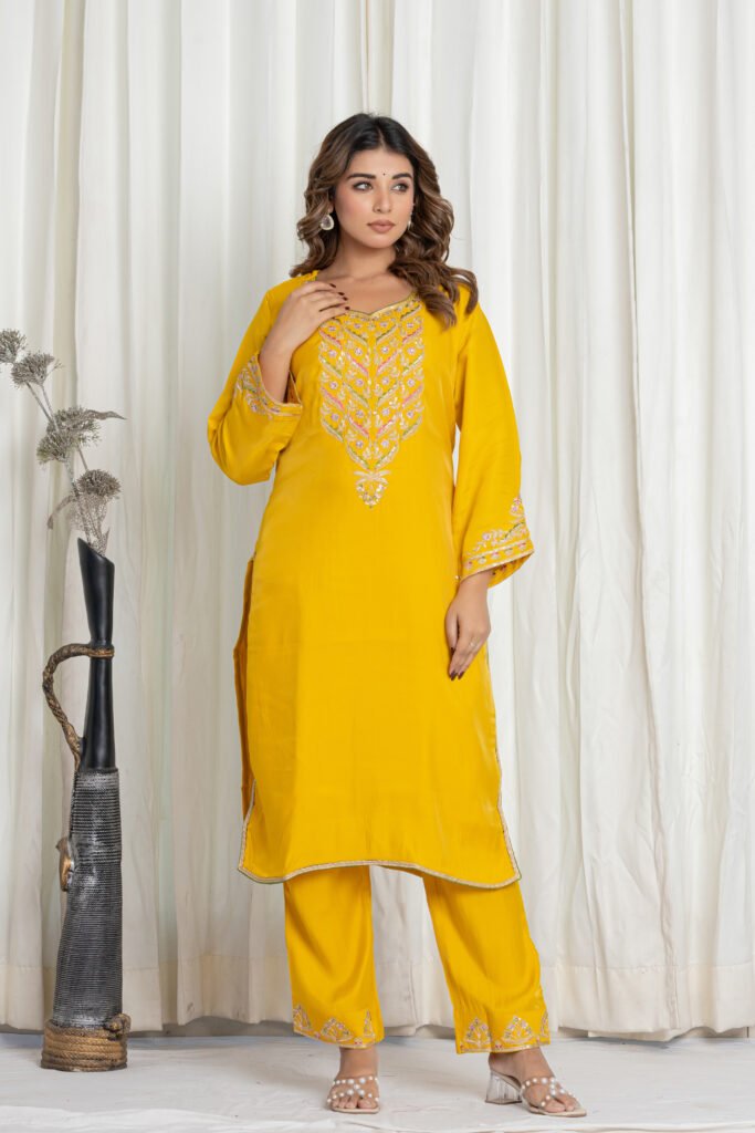 Women's Yellow Silk Kurta Set with Embroidered Pants & Banarasi Dupatta