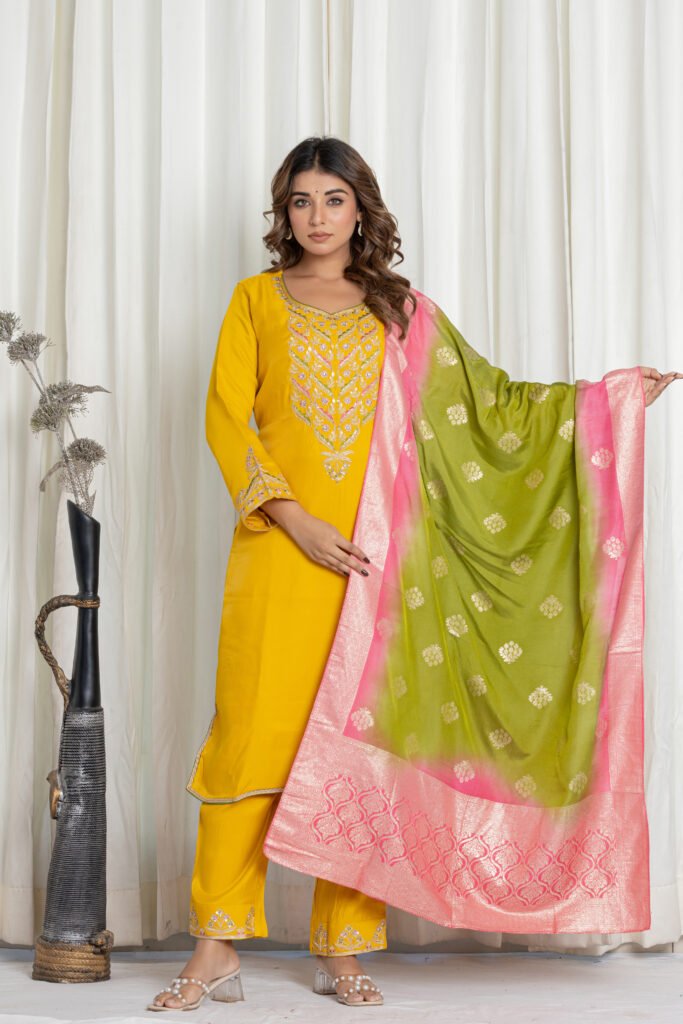 Women's Yellow Silk Kurta Set with Embroidered Pants & Banarasi Dupatta