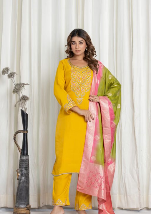 Women's Yellow Silk Kurta Set with Embroidered Pants & Banarasi Dupatta