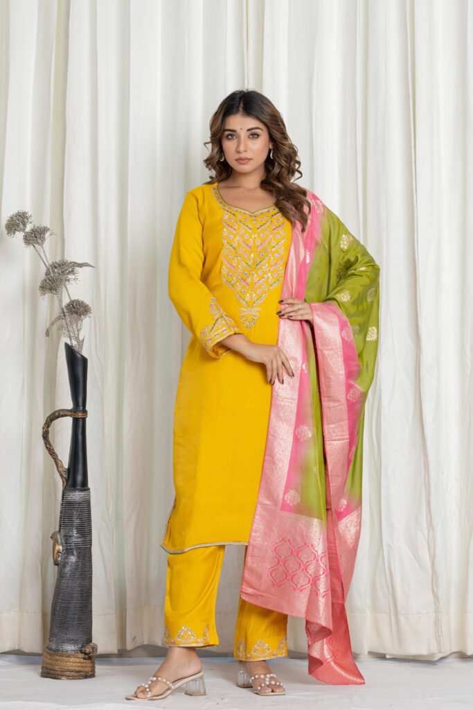Women's Yellow Silk Kurta Set with Embroidered Pants & Banarasi Dupatta