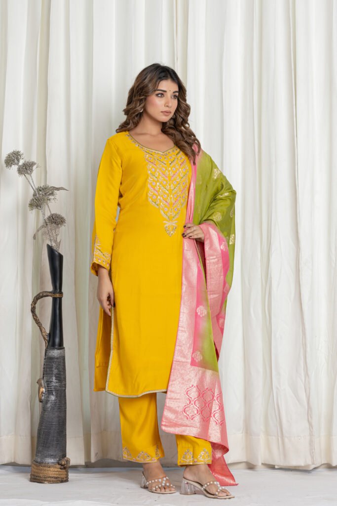 Women's Yellow Silk Kurta Set with Embroidered Pants & Banarasi Dupatta