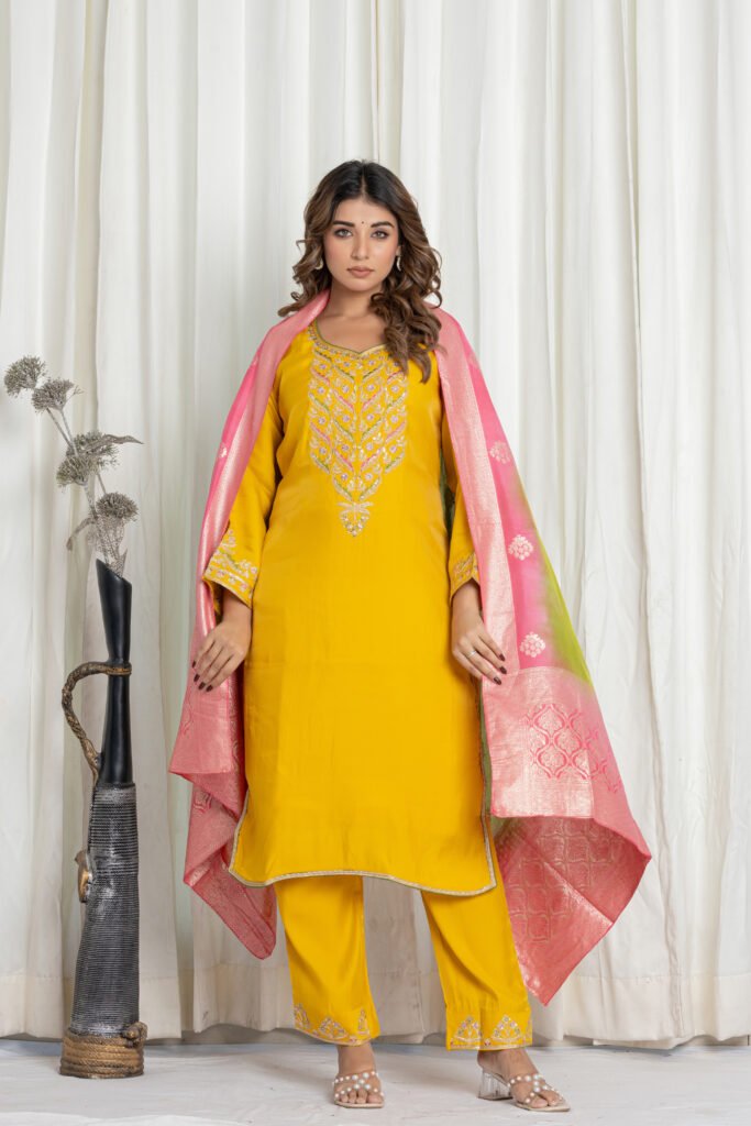 Women's Yellow Silk Kurta Set with Embroidered Pants & Banarasi Dupatta