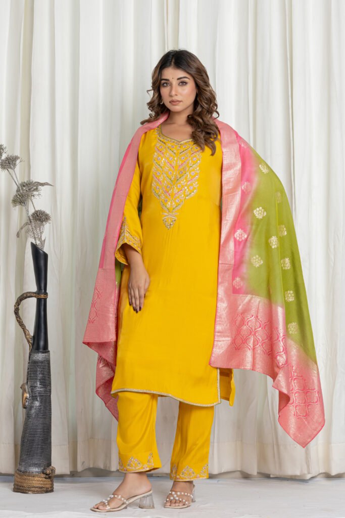 Women's Yellow Silk Kurta Set with Embroidered Pants & Banarasi Dupatta