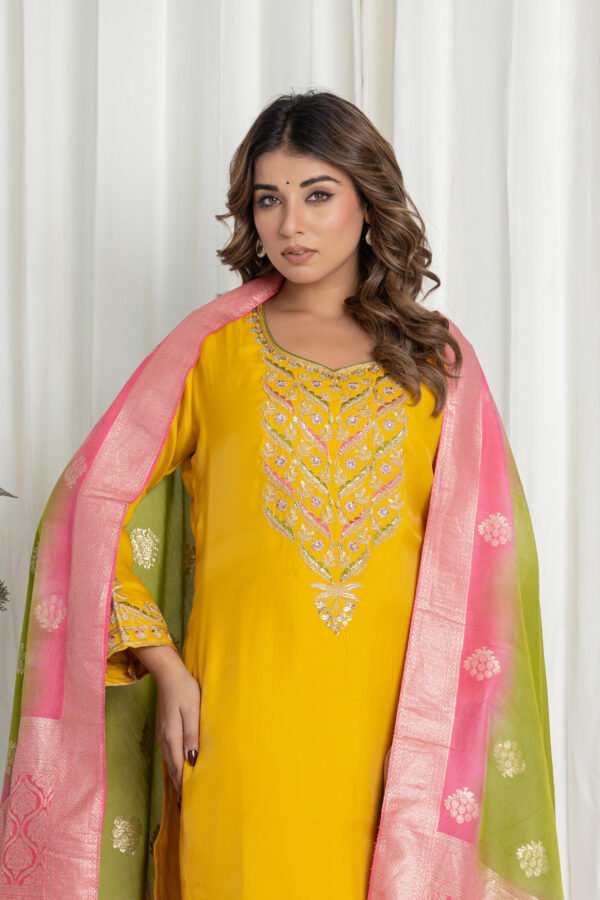 Women's Yellow Silk Kurta Set with Embroidered Pants & Banarasi Dupatta