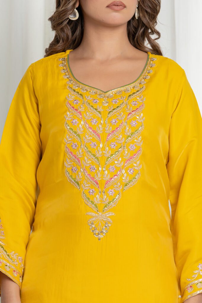 Women's Yellow Silk Kurta Set with Embroidered Pants & Banarasi Dupatta
