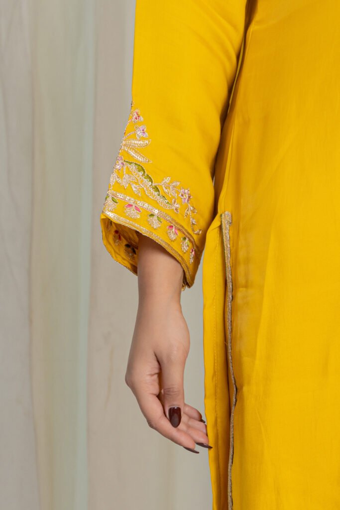 Women's Yellow Silk Kurta Set with Embroidered Pants & Banarasi Dupatta