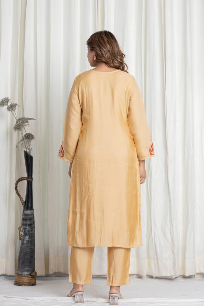 Women's Golden Beige Silk Embroidered Suit Set with Peach Banarasi Dupatta