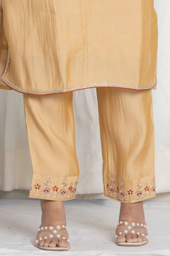 Women's Golden Beige Silk Embroidered Suit Set with Peach Banarasi Dupatta