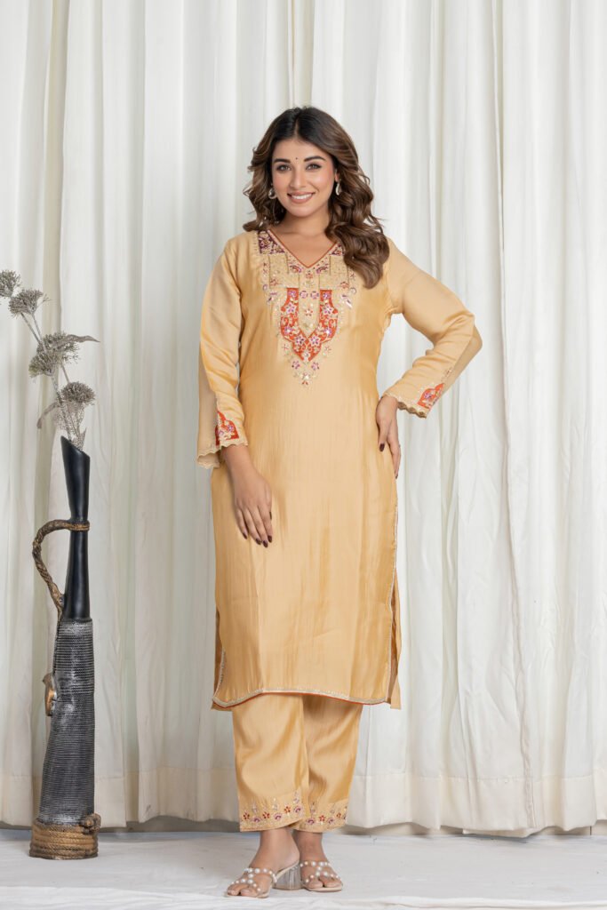 Women's Golden Beige Silk Embroidered Suit Set with Peach Banarasi Dupatta