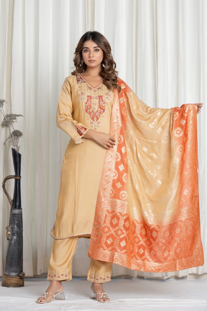 Women's Golden Beige Silk Embroidered Suit Set with Peach Banarasi Dupatta