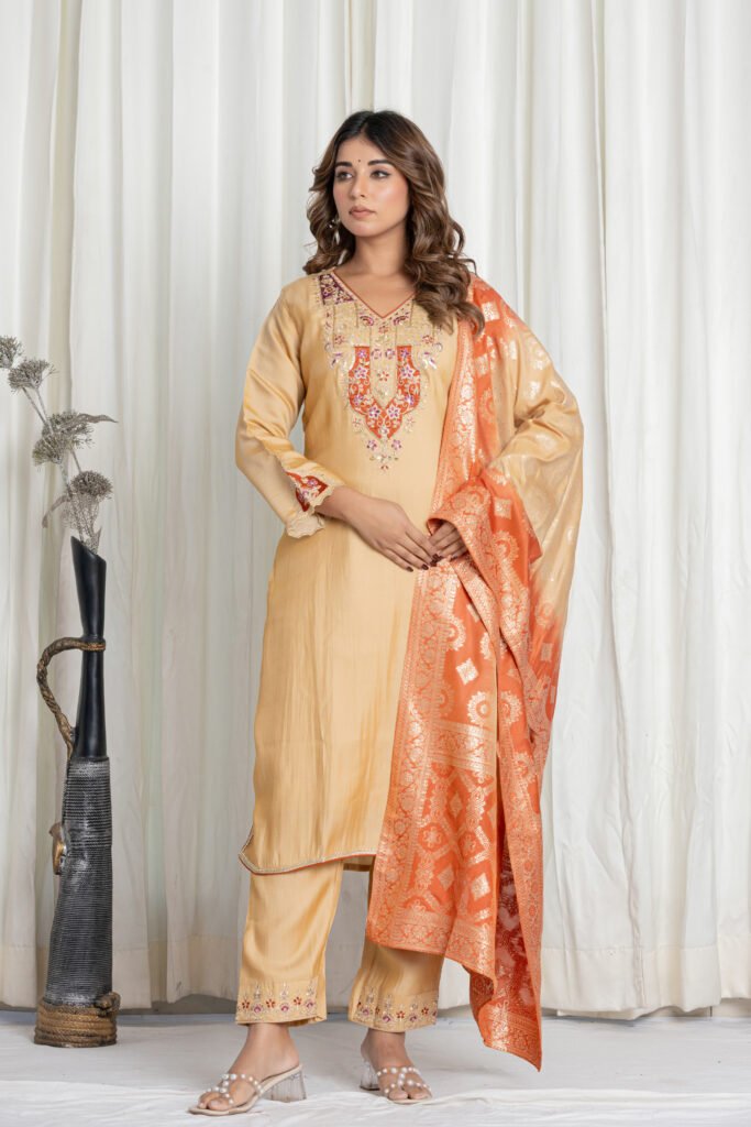 Women's Golden Beige Silk Embroidered Suit Set with Peach Banarasi Dupatta