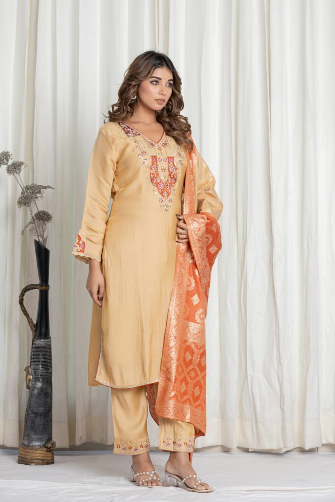 Women's Golden Beige Silk Embroidered Suit Set with Peach Banarasi Dupatta