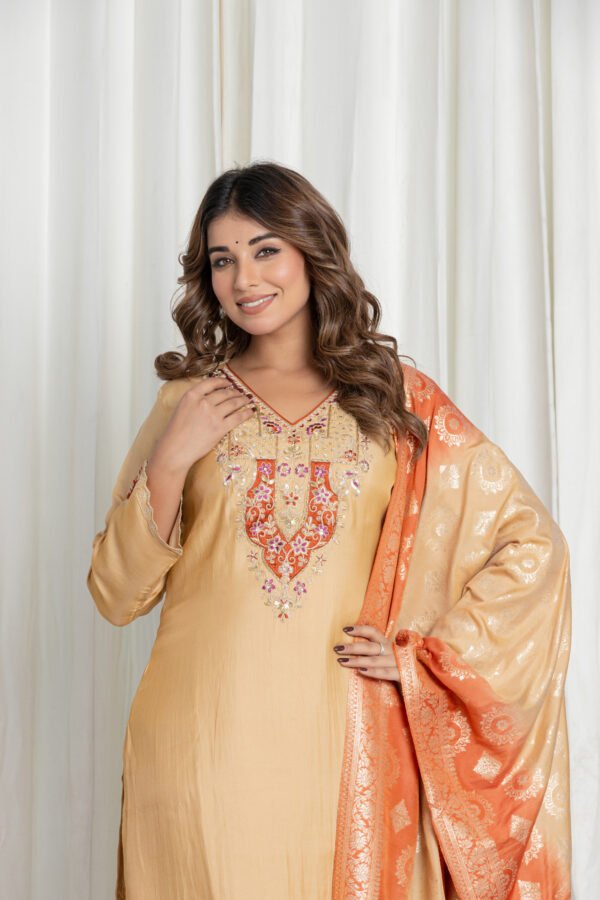 Women's Golden Beige Silk Embroidered Suit Set with Peach Banarasi Dupatta