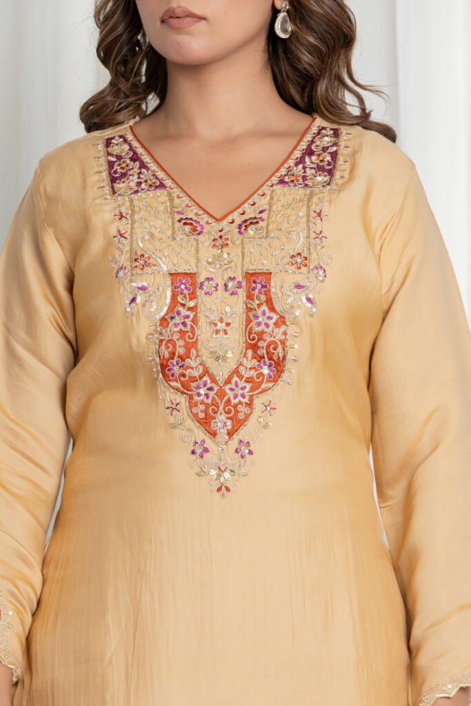 Women's Golden Beige Silk Embroidered Suit Set with Peach Banarasi Dupatta