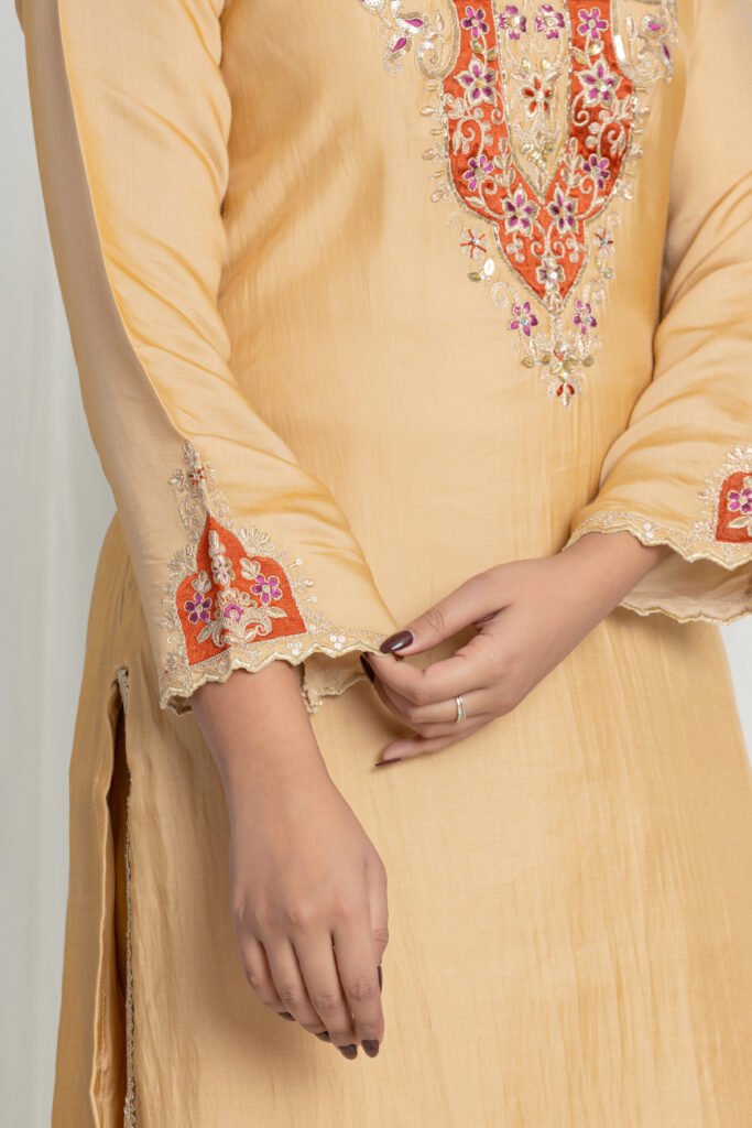 Women's Golden Beige Silk Embroidered Suit Set with Peach Banarasi Dupatta
