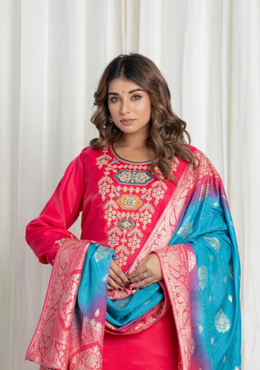 Women's Rani Pink Embroidered Silk Kurta Set with Blue Banarasi Dupatta