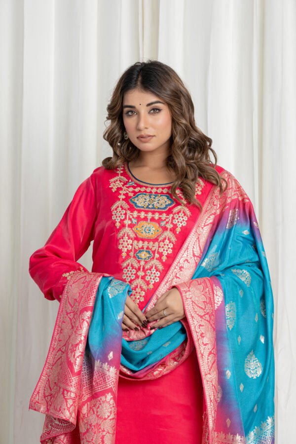 Women's Rani Pink Embroidered Silk Kurta Set with Blue Banarasi Dupatta