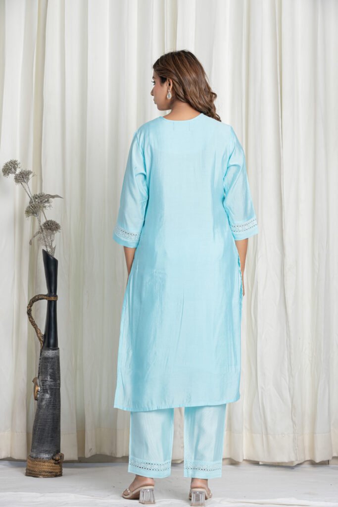 Women's Light Aqua Blue Thread Embroidered Cotton Chikankari Suit Set with Lace Dupatta