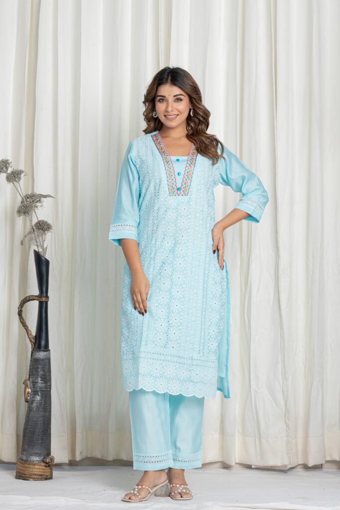 Women's Light Aqua Blue Thread Embroidered Cotton Chikankari Suit Set with Lace Dupatta