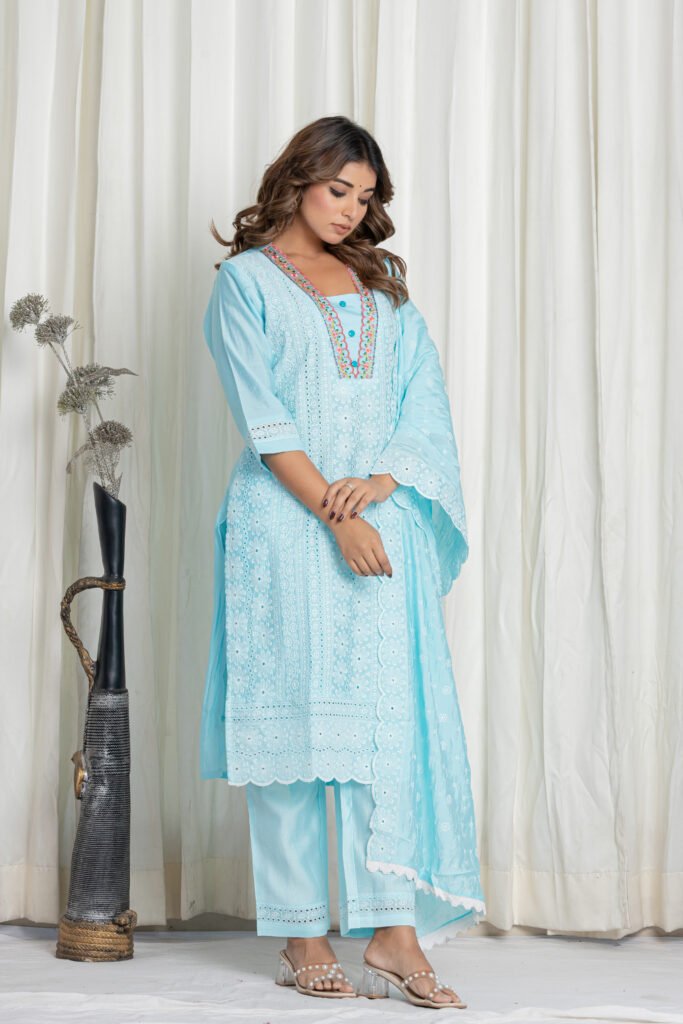 Women's Light Aqua Blue Thread Embroidered Cotton Chikankari Suit Set with Lace Dupatta