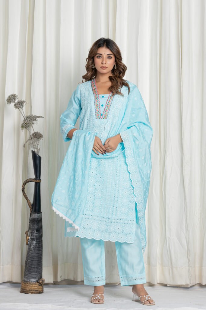 Women's Light Aqua Blue Thread Embroidered Cotton Chikankari Suit Set with Lace Dupatta