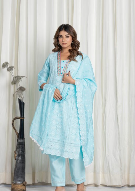 Women's Light Aqua Blue Thread Embroidered Cotton Chikankari Suit Set with Lace Dupatta