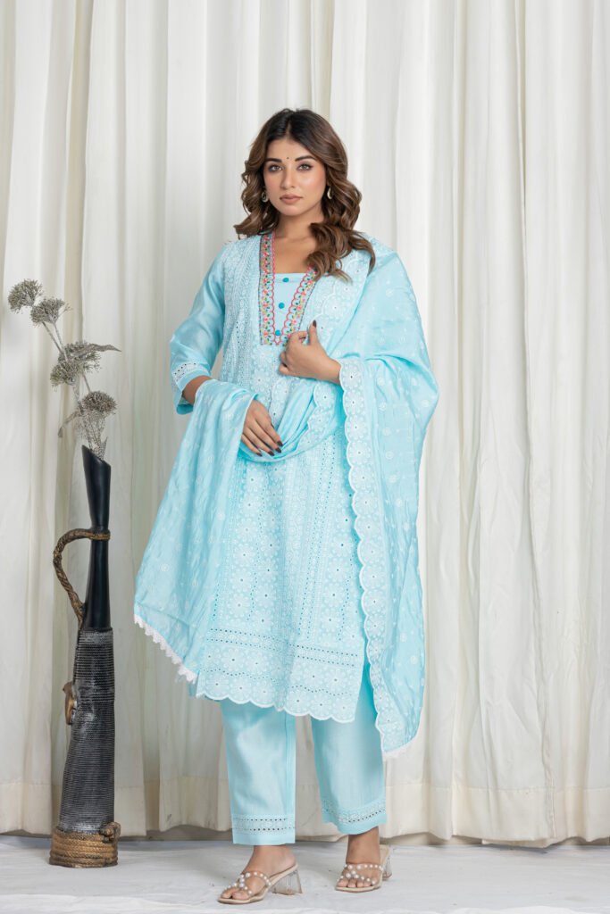 Women's Light Aqua Blue Thread Embroidered Cotton Chikankari Suit Set with Lace Dupatta
