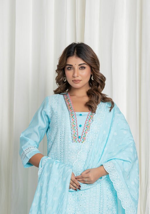 Women's Light Aqua Blue Thread Embroidered Cotton Chikankari Suit Set with Lace Dupatta