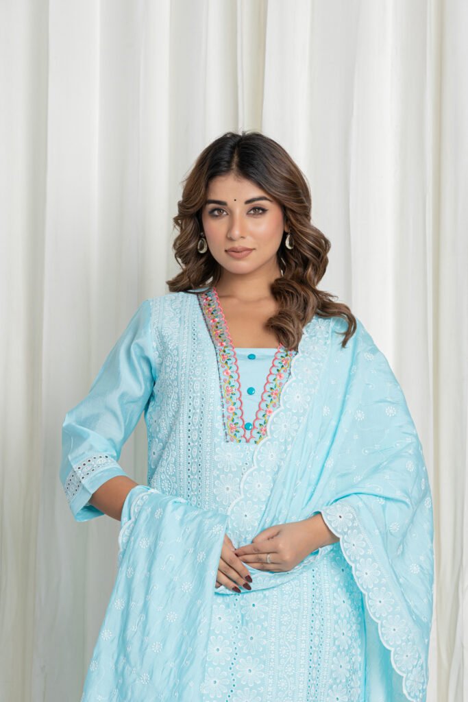 Women's Light Aqua Blue Thread Embroidered Cotton Chikankari Suit Set with Lace Dupatta
