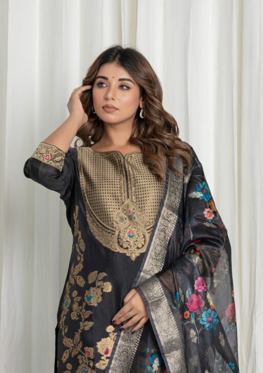 Women's Black Jacquard Silk Suit Set with Heavy Embroidery