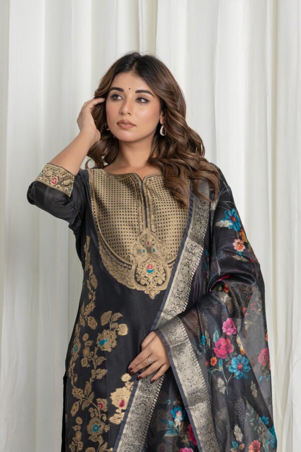 Women's Black Jacquard Silk Suit Set with Heavy Embroidery