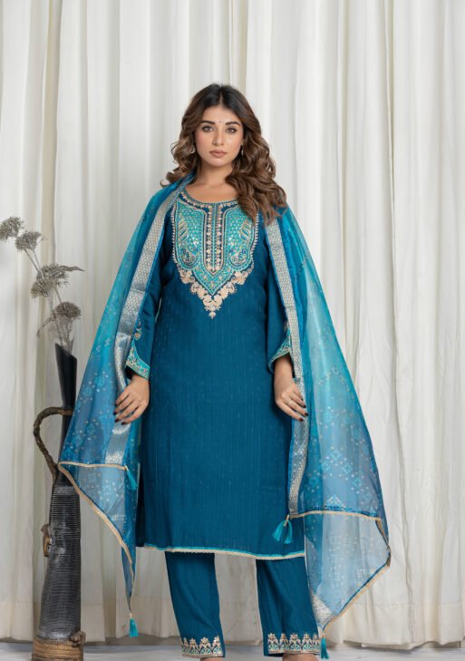 Women's Teal Blue Embroidered Suit Set with Banarasi Bandhej Dupatta