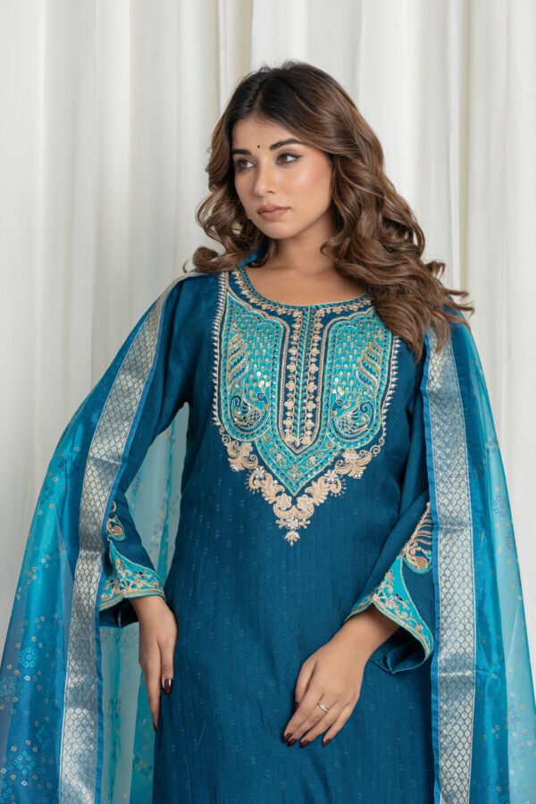 Women's Teal Blue Embroidered Suit Set with Banarasi Bandhej Dupatta