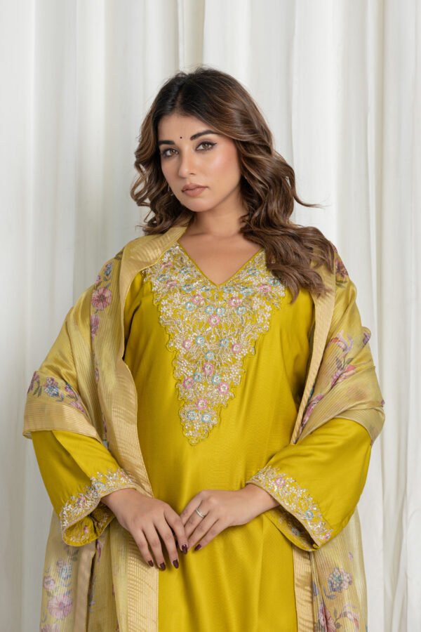 Women's Olive Yellow Embroidered Satin-Silk Suit Set with Dupatta