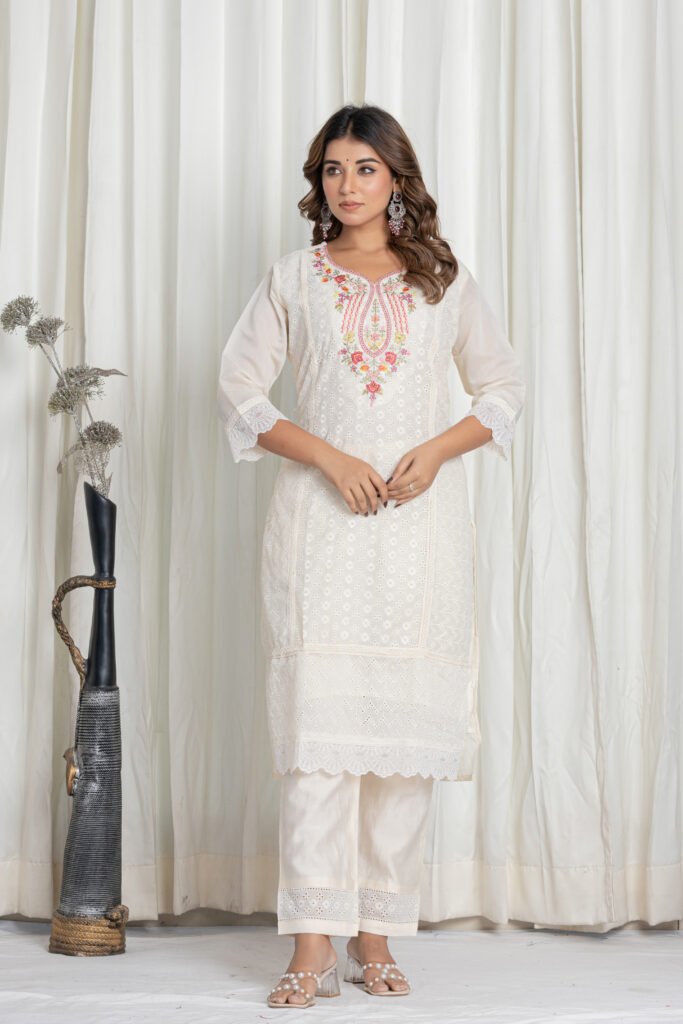 Women's Off White Chikankari Embroidered Cotton Suit Set with Digital Floral Organza Dupatta