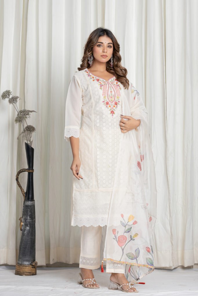 Women's Off White Chikankari Embroidered Cotton Suit Set with Digital Floral Organza Dupatta