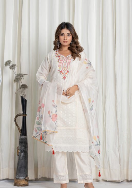 Women's Off White Chikankari Embroidered Cotton Suit Set with Digital Floral Organza Dupatta