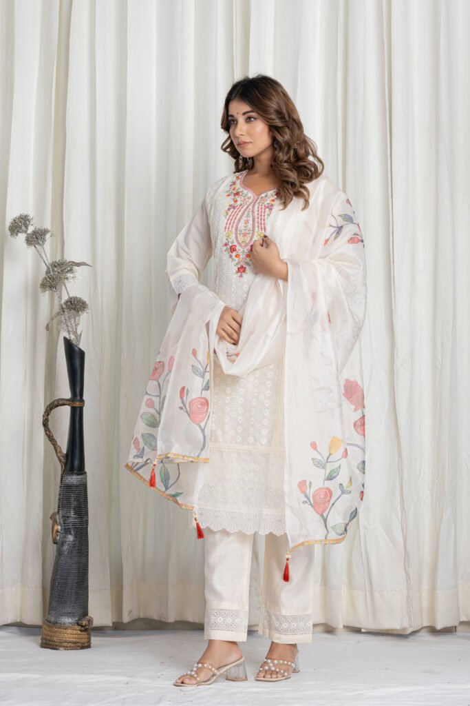 Women's Off White Chikankari Embroidered Cotton Suit Set with Digital Floral Organza Dupatta