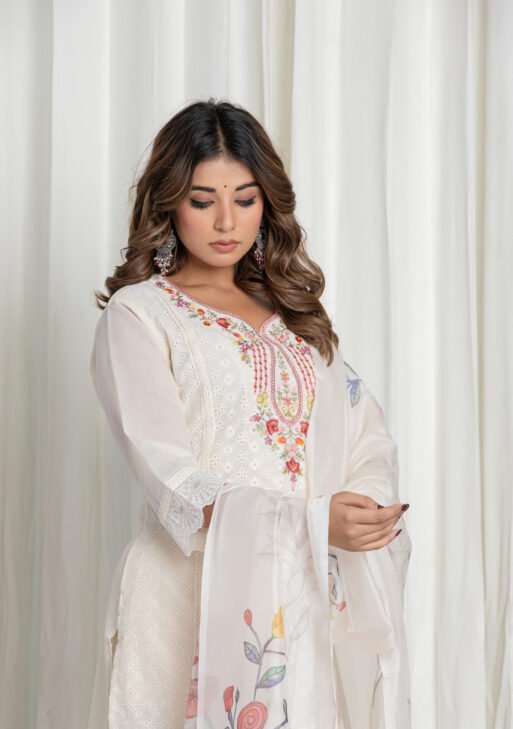 Women's Off White Chikankari Embroidered Cotton Suit Set with Digital Floral Organza Dupatta