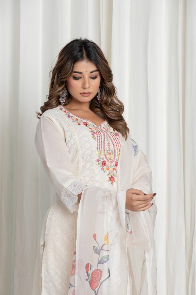 Women's Off White Chikankari Embroidered Cotton Suit Set with Digital Floral Organza Dupatta