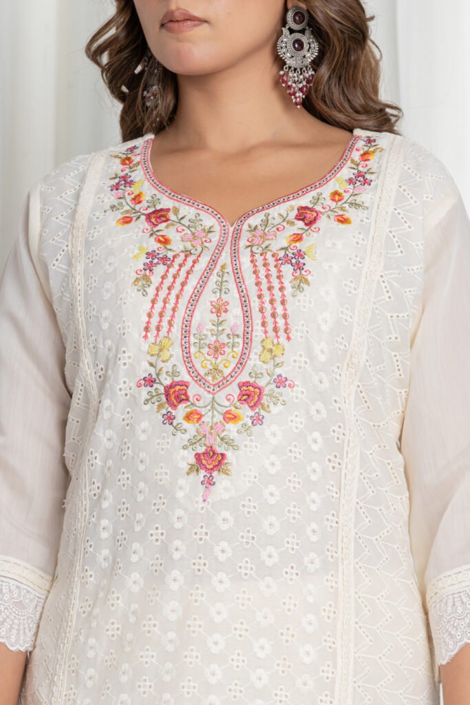 Women's Off White Chikankari Embroidered Cotton Suit Set with Digital Floral Organza Dupatta