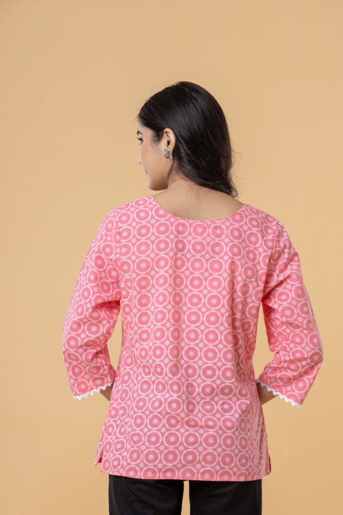 Teehance Women's Pink Printed Cotton Short Kurti for Casual, Office & Daily Wear
