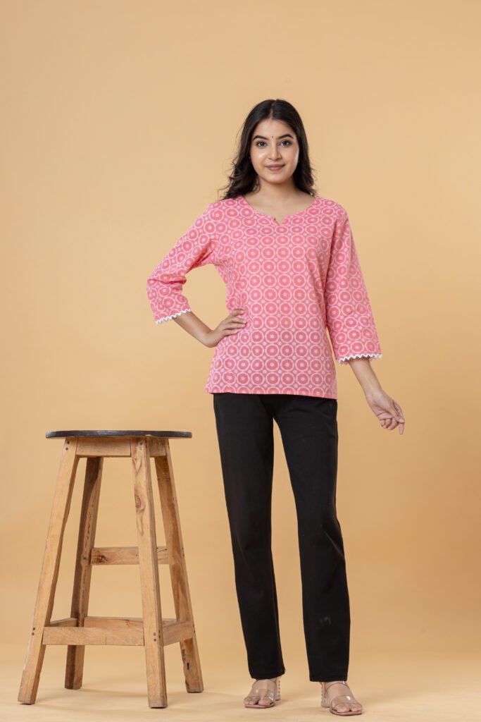 Teehance Women's Pink Printed Cotton Short Kurti for Casual, Office & Daily Wear