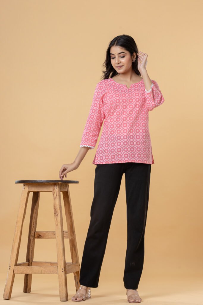 Teehance Women's Pink Printed Cotton Short Kurti for Casual, Office & Daily Wear