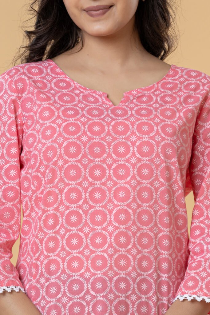 Teehance Women's Pink Printed Cotton Short Kurti for Casual, Office & Daily Wear