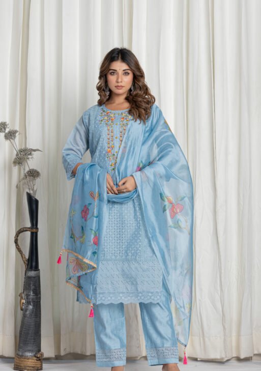 Women's Sky Blue Chikankari Embroidered Cotton Suit Set with Floral Organza Dupatta