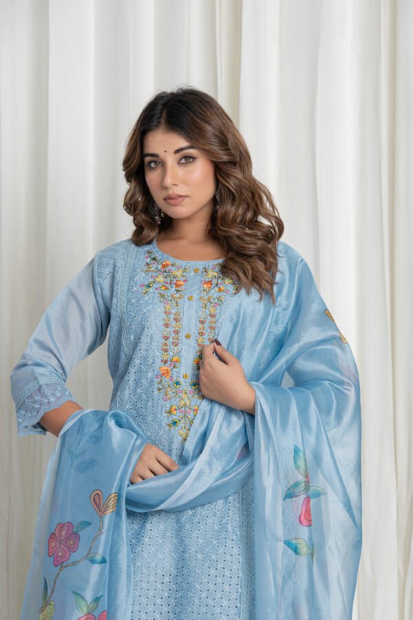 Women's Sky Blue Chikankari Embroidered Cotton Suit Set with Floral Organza Dupatta